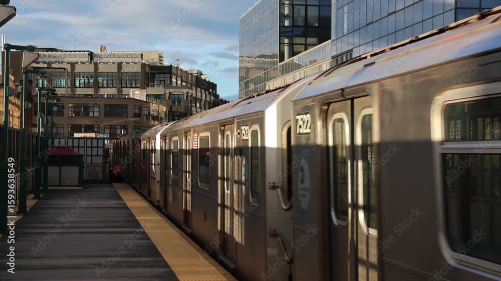 custom made wallpaper toronto digitaltrain arriving on platform in court square queens long island city new york nyc famous outdoor elevated station stop seven 7 metro commuter line tall buildings in background tracks railroad track