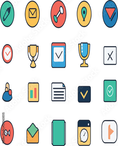 A collection of twenty flat design icons with various symbols on a white background perfectly aligned