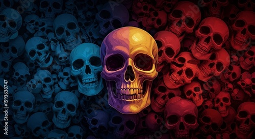 Colorful Skull Illustration in Blue, Red and Yellow Tone
