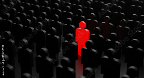 Stand out from the crowd One red figure among many black figures