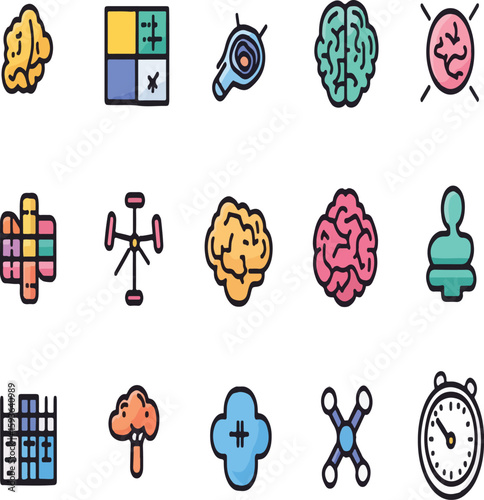 A collection of icons representing various concepts such as brainpower, math, and science elements