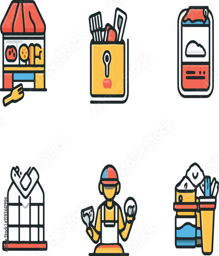 Illustration of food stand kitchen tools lunch box bird cage plasterer and cleaning supplies