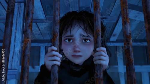 Sad Girl Behind Bars in Dark Cell – Emotional 3D Animation Scene