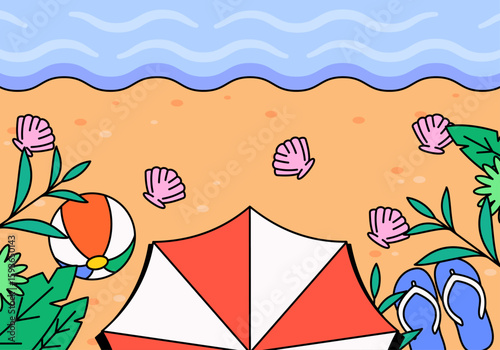 Summer beach scene from above angle with umbrella and shells