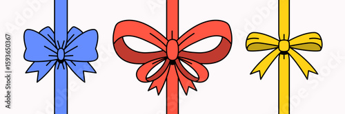 Set of three hand-drawn ribbon bows in red, blue, and yellow. Decorative vector illustration in a flat cartoon style, perfect for gift wrapping designs