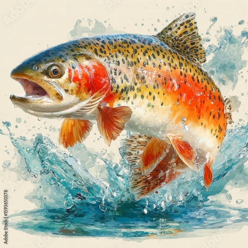 Stunning Watercolor Painting of a Rainbow Trout Leaping from Water, Aquatic Wildlife Art