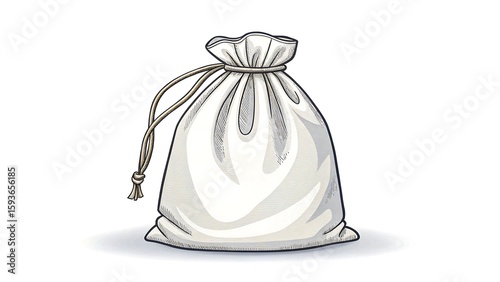 Illustration of white drawstring cloth bag tied at the top on white background
