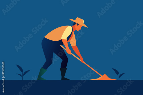 Farmer working the land with a hoe under a dark blue sky