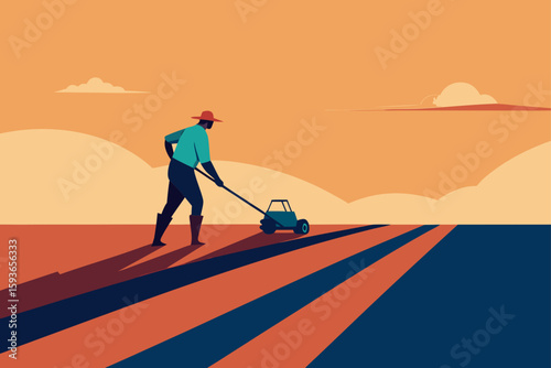 Farmer tilling field with tiller under warm sunset sky