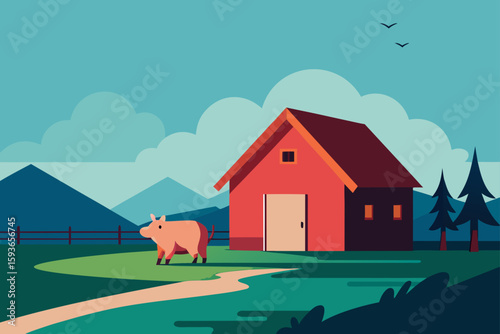 Pig and barn in a rural landscape with mountains and trees