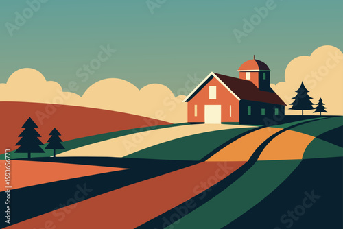 Stylized farmhouse and fields under a cloudy sky