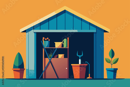 Illustration of a garden shed filled with gardening tools and plants