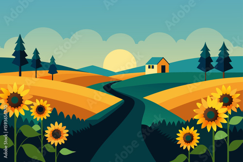 Sunny farmhouse with sunflowers and winding road