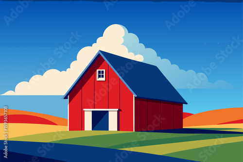 Vibrant red barn in a stylized rural landscape