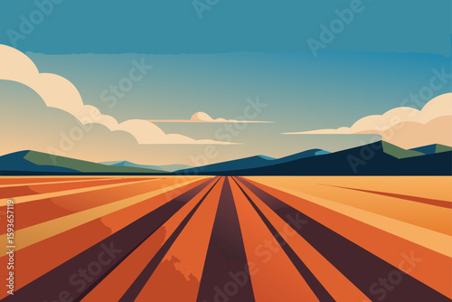 Vast orange fields under a cloudy blue sky with distant mountains