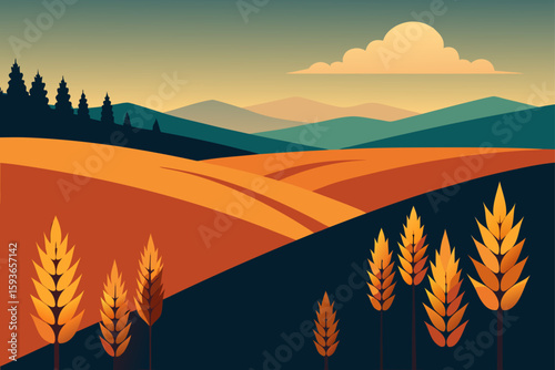 Stylized landscape of golden wheat fields and rolling hills