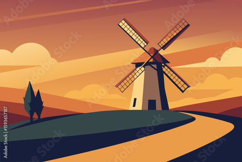 Stylized dutch windmill at sunset