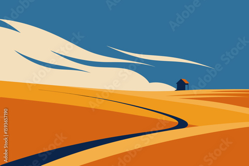 Minimalist landscape with a solitary house and winding path