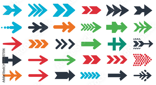 Collection of various colored and styled arrow icons, diverse shapes and patterns.