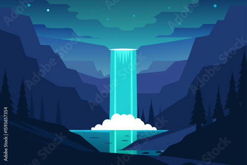Serene night waterfall in a mountainous landscape