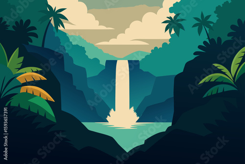 Lush tropical waterfall scene with palm trees and clouds