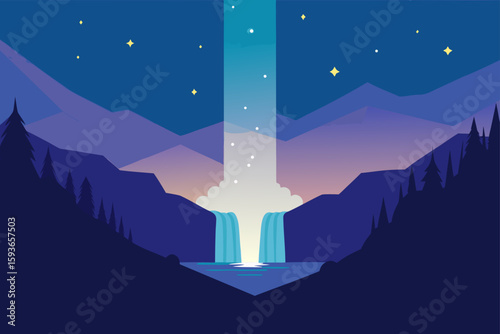 Magical waterfall under a starry night sky