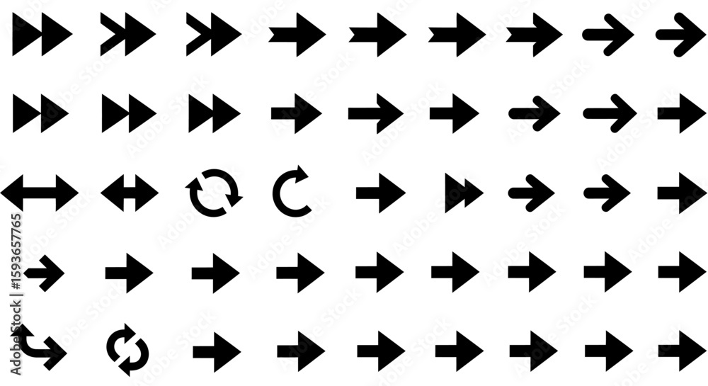A collection of various black directional arrows pointing towards the right, illustrating different styles.