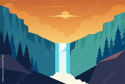 Serene waterfall landscape at sunset with pine trees