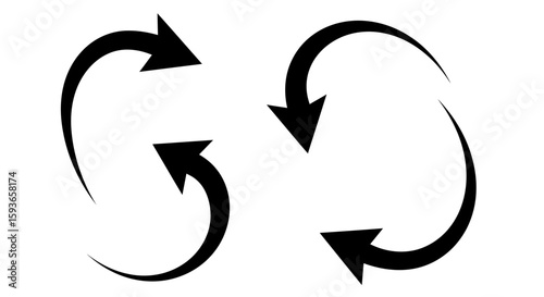 Two sets of curved arrows, each set forming a circular or cyclical motion, pointing in opposite directions against a white background.