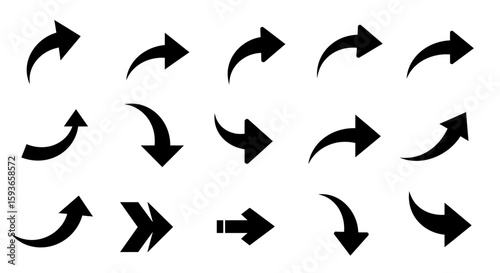Collection of black curved arrows pointing in various directions, isolated on a white background, indicating movement and navigation.