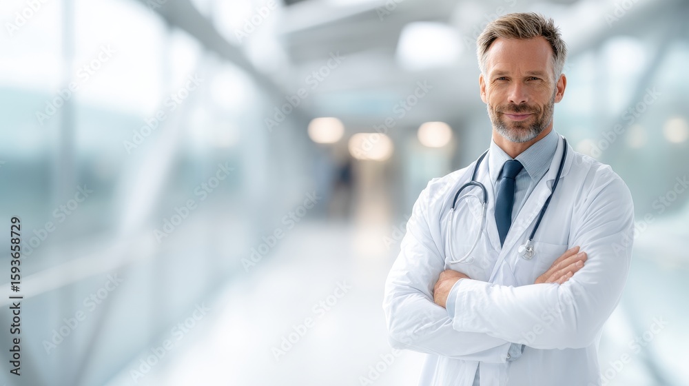 Resolute Medical Professional: A distinguished medical doctor with a confident gaze, arms crossed, stands ready, embodying expertise and care in a modern hospital environment. Resolute Medical Professional: A distinguished medical doctor with a confident gaze, arms crossed, stands ready, embodying expertise and care in a modern hospital environment.