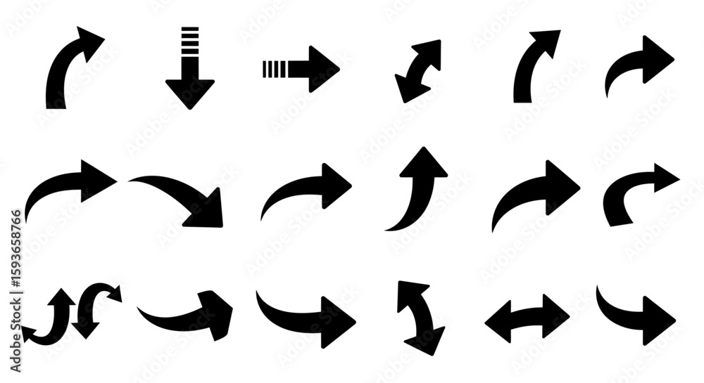 Obraz premium Collection of various black arrows on a white background, showcasing different directions and styles.