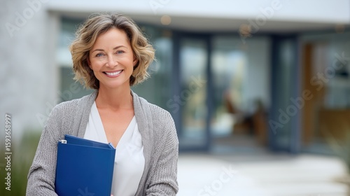 Smiling Woman at Home: A confident woman smiles warmly, holding a document folder, standing gracefully in front of a modern home. The scene evokes feelings of aspiration and accomplishment.
