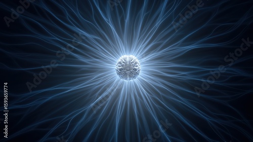 Brain's Electrical Impulse: An artistic depiction of the brain as the central hub, from which energetic electric blue lines radiate outward, portraying the complex electrical impulses of thought.