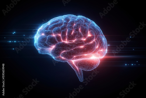Illuminated Neural Pathways: A vibrant representation of the human brain glows against a dark backdrop, highlighting intricate neural connections, suggesting intelligence, and the marvel of the mind.