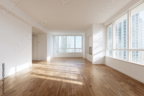 Light-filled Living Space: Bright and airy interior of a modern apartment featuring floor-to-ceiling windows showcasing a cityscape view and casting long shadows across the polished wooden floor.