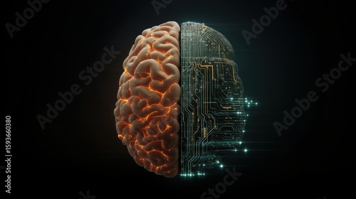 The Fusion of Mind and Machine: An artistic representation of the human brain merging with a digital circuit board, symbolizes the fusion of human intelligence with artificial intelligence.