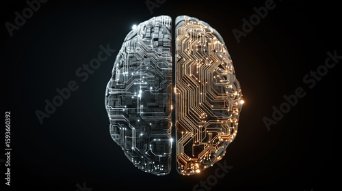 Digital Mind: A captivating visual representation of the human brain, split into two halves, showcasing a fusion of natural and digital elements.