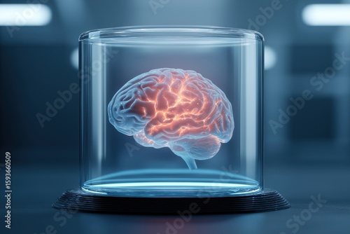 The Animated Mind: A captivating glimpse into the human mind, showcasing a glowing, stylized representation of a brain preserved under a transparent glass. Exploring concepts of intellect.