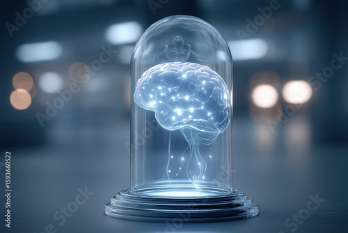 Brain Under Glass: A glowing, detailed, and intricate 3D-rendered human brain encased in a transparent glass dome, showcasing advanced scientific understanding and intellect.
