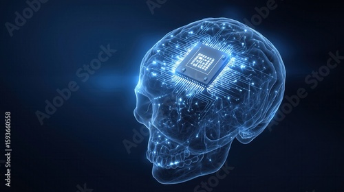 Mind of the Future: A thought-provoking digital rendering of a human brain interweaving with advanced technology and innovation. Illustrates intelligence.