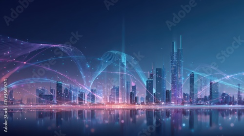 Smart City: Futuristic cityscape bathed in an ethereal blue glow, interwoven with digital data streams, reflecting technological advancement.