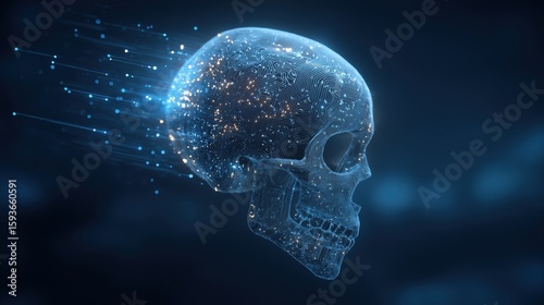 Digital Skull: A futuristic digital skull with intricate detailing floats weightlessly against a dark, blurred backdrop. Illustrating themes of technology, mortality, and the digital age.