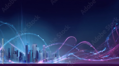 Digital Cityscape: A futuristic metropolis with a skyline of illuminated skyscrapers, interwoven with dynamic digital light trails, embodying connectivity and technological advancement.