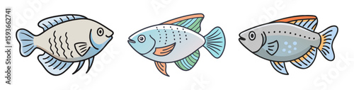 Three colorful cartoon fish illustration for children's books and educational resources design