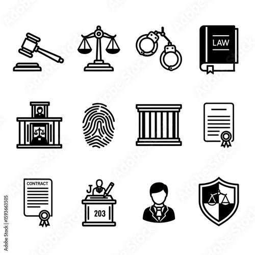 Law and Justice Icons Legal System Elements Line Art