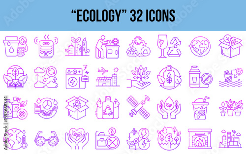 Ecology set of 32 line icons featuring environmental themes  