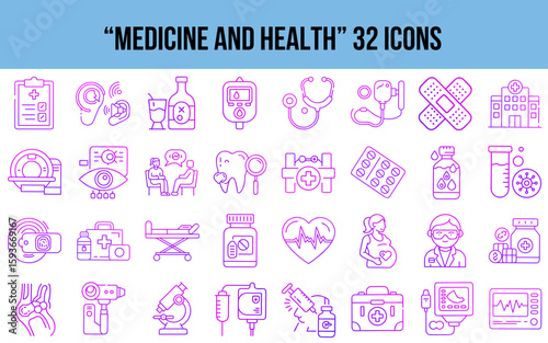 Medicine and health icons set in pink outline style on white background  