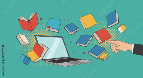 Digital library concept illustration with laptop and colorful books floating around