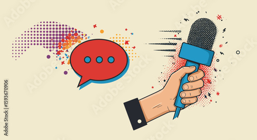 Illustrated Press Conference: Microphone and Chat Bubble for Media Communication